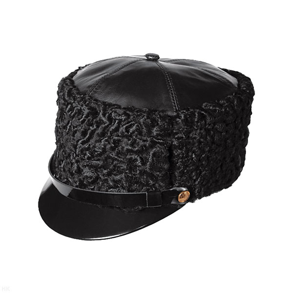 Шапка каракуль черный (с козырьком) верх - кожа