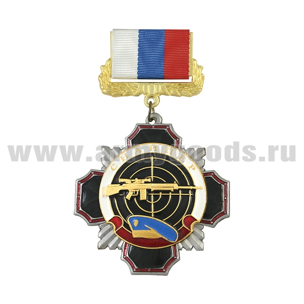Медаль Стальной черн. крест с красн. кантом Снайпер (голубой берет) (на планке - лента РФ)