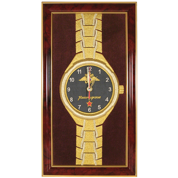 Часы подарочные вышитые на бархате в багетной рамке 25х45 см (Командирские МВД)