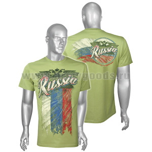 Футболка с рис краской Russia (триколор) светло-зеленая (ЗВ)