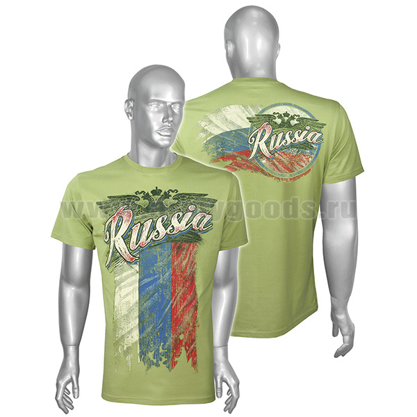 Футболка с рис краской Russia (триколор) светло-зеленая (ЗВ)