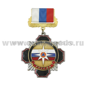 Медаль Стальной черн. крест с красным кантом МЧС (на планке - лента РФ)