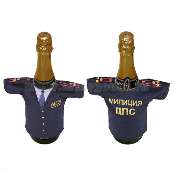 Рубашечка на бутылку сувенирная вышитая Милиция ДПС ГИБДД (синяя) погоны полковника