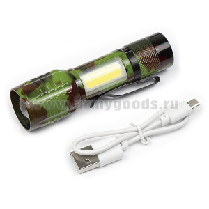 Фонарь карманный (светодиодный, аккумуляторный) 3 режима работы, в комплекте зарядный кабель MicroUSB