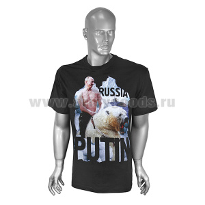 Футболка с рис краской Russia Putin (Путин на медведе) черная (р-ры с 62)