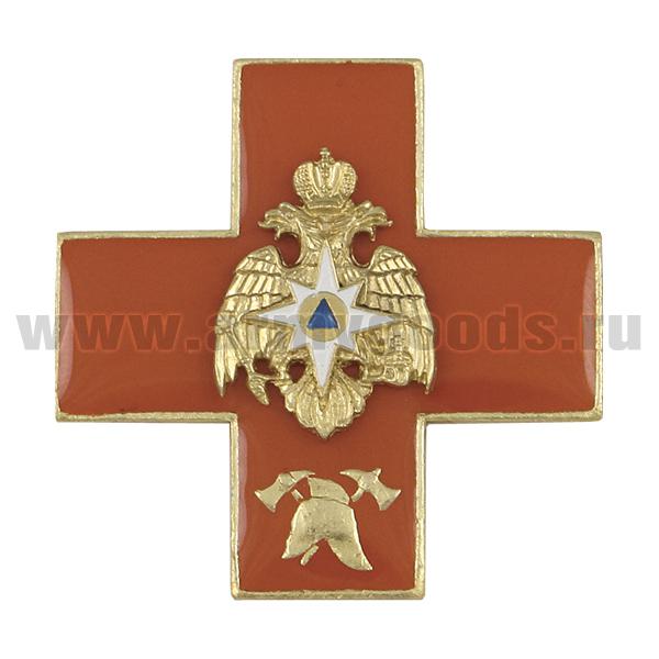 Значок мет. (красн. крест с эмбл. ГПС, заливка смолой, с накладным орлом МЧС)