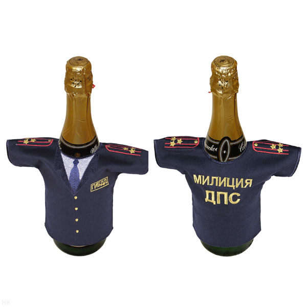 Рубашечка на бутылку сувенирная вышитая Милиция ДПС ГИБДД (синяя) погоны полковника