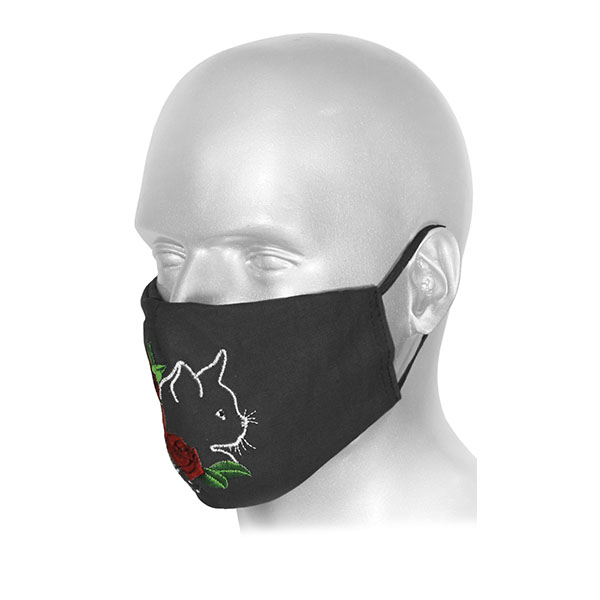Маска тканевая двухслойная с вышивкой Кот (черная)