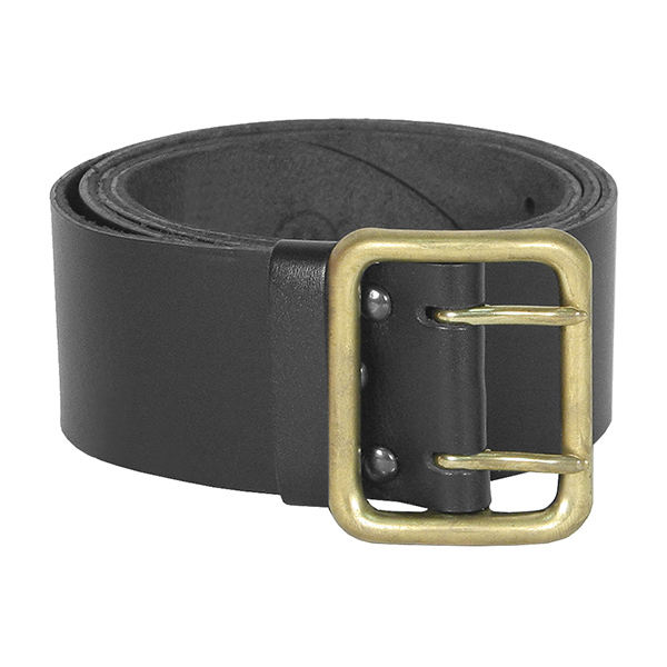 Ремень двухшпеньковый кожаный черный с латунной пряжкой (без прошивки)