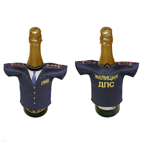 Рубашечка на бутылку сувенирная вышитая Милиция ДПС ГИБДД (синяя) погоны капитана