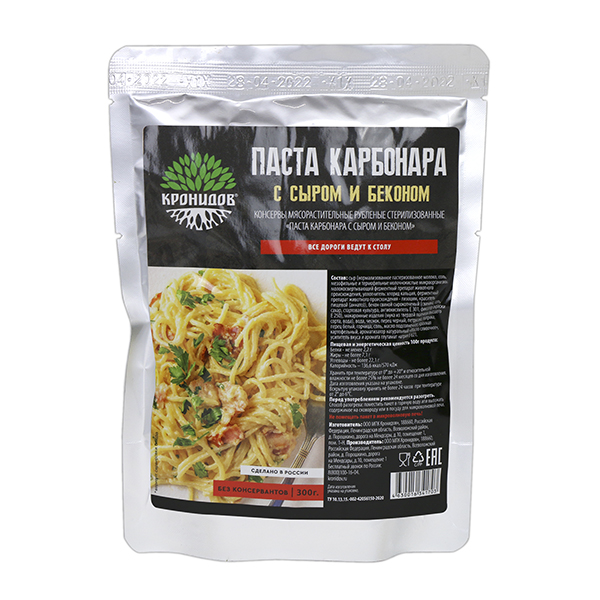 Консервы обеденные Паста карбонара с сыром и беконом (300 г) (готовое блюдо в фольге)
