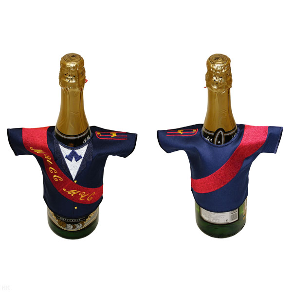 Рубашечка на бутылку сувенирная вышитая Мисс МЧС (синяя)