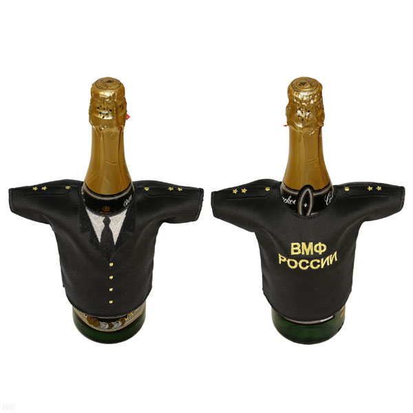 Рубашечка на бутылку сувенирная вышитая ВМФ России (черная с погонами мичмана)