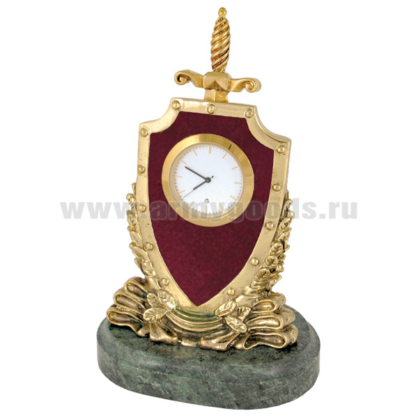 Часы сувенирные настольные (литье бронза, камень змеевик зеленый) Щит и меч