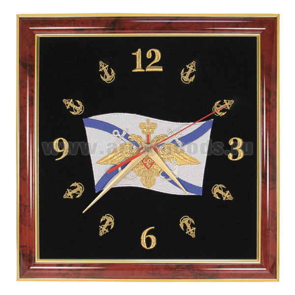 Часы подарочные вышитые на бархате в багетной рамке 35х35 см (ВМФ)