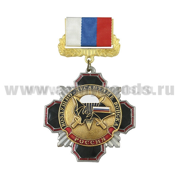 Медаль Стальной черн. крест с красн. кантом ВДВ (лет. мышь с парашютом и мечами) (на планке - лента РФ)