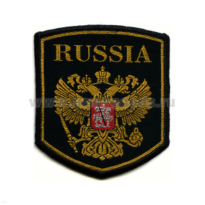Шеврон тканый RUSSIA (5-уг. с гербом РФ) черн.