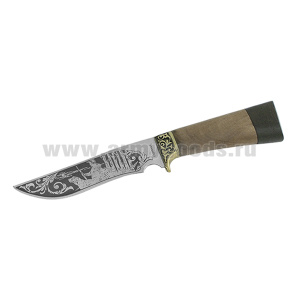 Нож Охотник (рукоятка - дерево, клинок - полировка) с гравировкой (надпись+ рисунок) 27 см