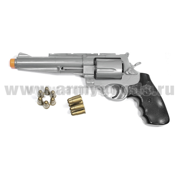Игрушка пластмассовая Револьвер + 2 сменные обоймы (в коробке 29x21 см) на батарейках (звук)