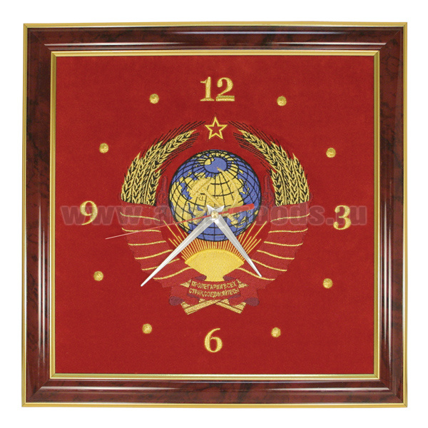 Часы подарочные вышитые на бархате в багетной рамке 35х35 см (Герб СССР)