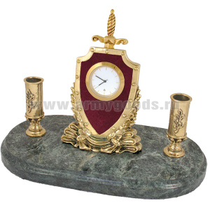 Часы сувенирные настольные с письменным прибором (литье бронза, камень змеевик зеленый) Щит и меч