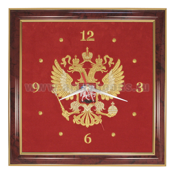 Часы подарочные вышитые на бархате в багетной рамке 35х35 см (Герб РФ)