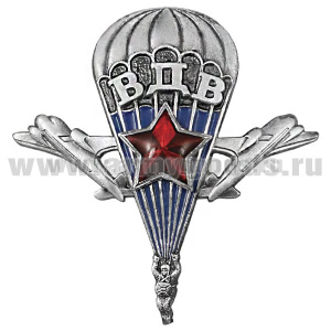 Значок мет. ВДВ (парашютист с 2 самолетами и накладной красной звездой) серебр.